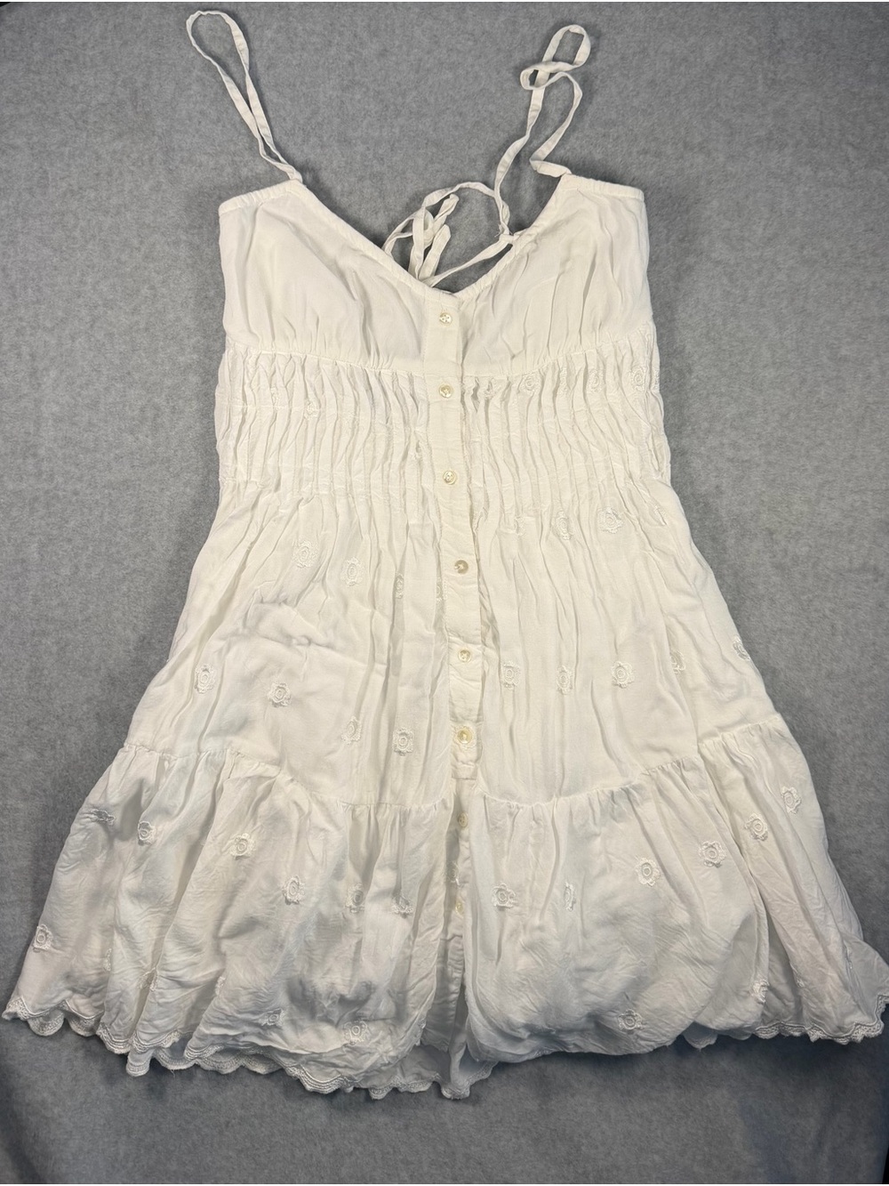 White Cottage-core Embroidered Summer Button-Front Sundress with Smocked Waist